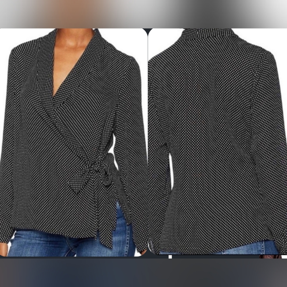 NEW Adrianna Papell Size Medium Black White Dot Sheer Wrap Blouse Rich Old Money